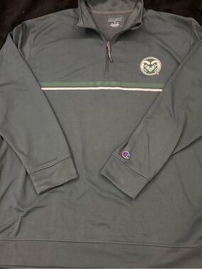 Champion Dark Green Quarter-Zip Pullover with Striped Chest and CSU Ram Logo
